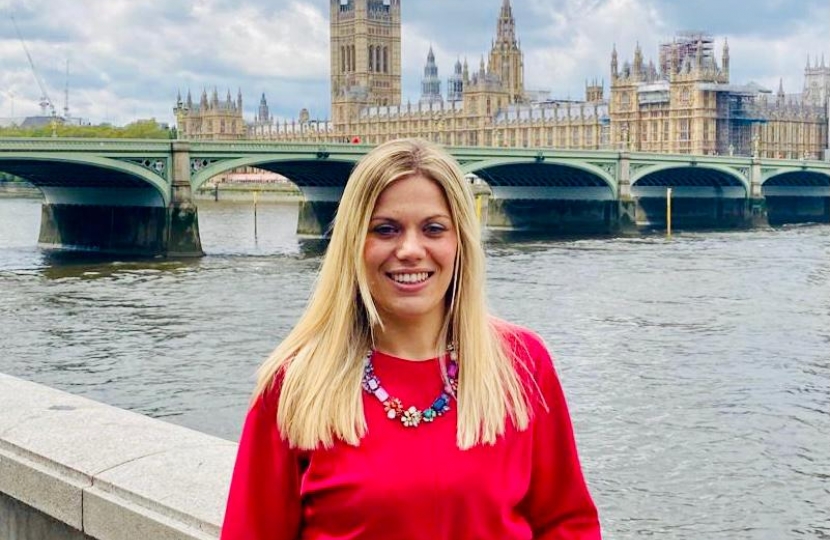 Miriam Cates MP with a Parliament backdrop