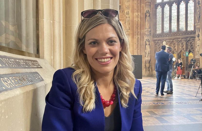 Miriam Cates MP sitting in Central Lobby Houses of Parliament