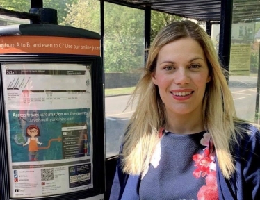 Miriam Cates MP by bus stop Penistone and Stocksbridge