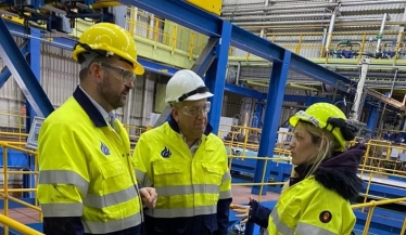 Miriam Cates MP in hard hat at a visit to Liberty Steel